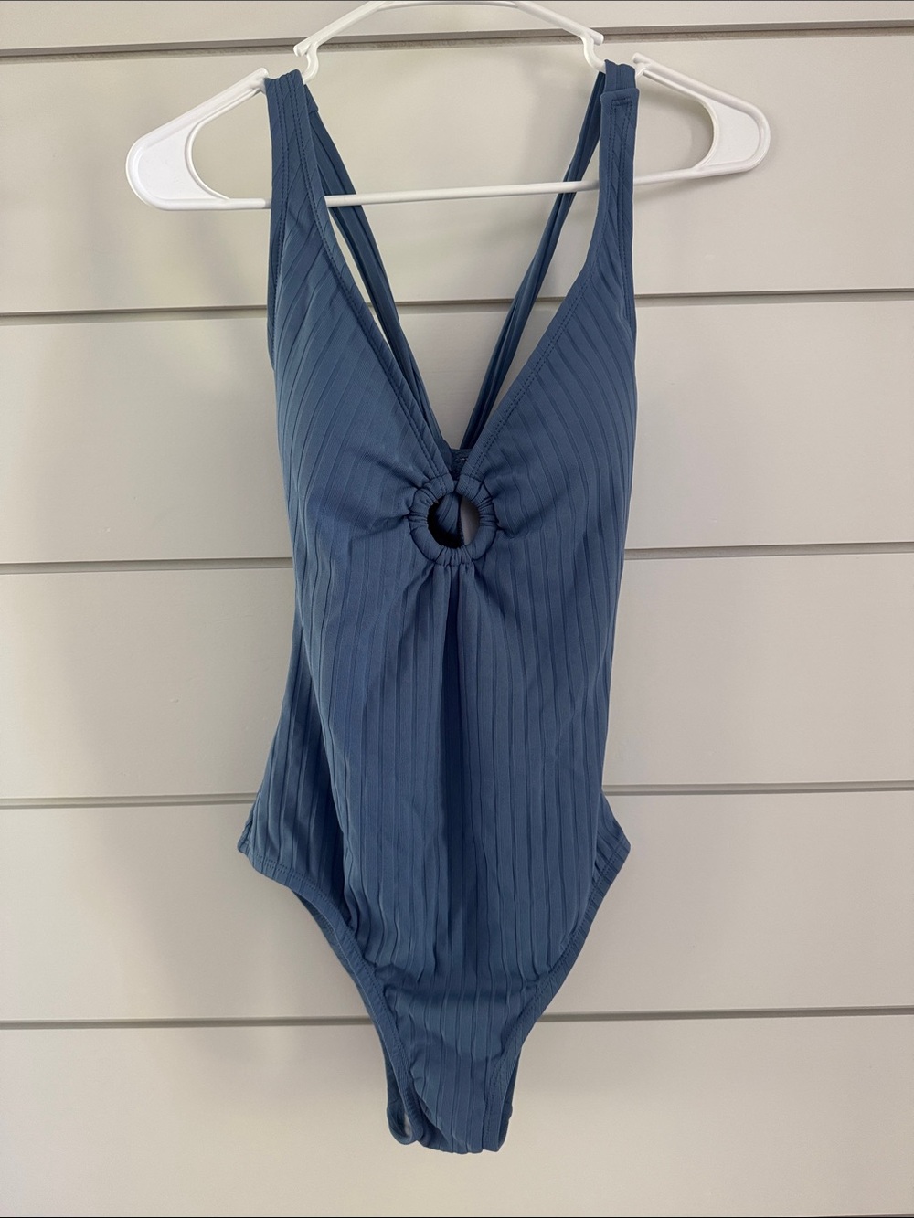 Kona Sol Blue Ribbed One-Piece Swimsuit with Front Ring